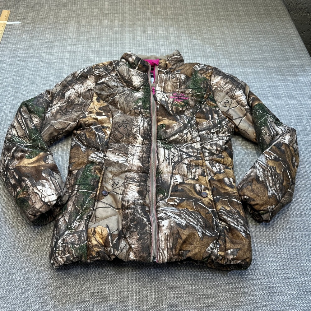 Realtree Xtra Camo Puffer Jacket Womens Small Pink Logo Full Zip Quilted Hunting
